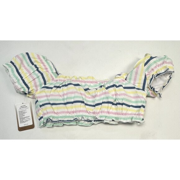 COCOFREE Womens XL Pastel Stripe Puff Sleeve Bandeau High Waist BIKINI Swimsuit - Picture 4 of 8